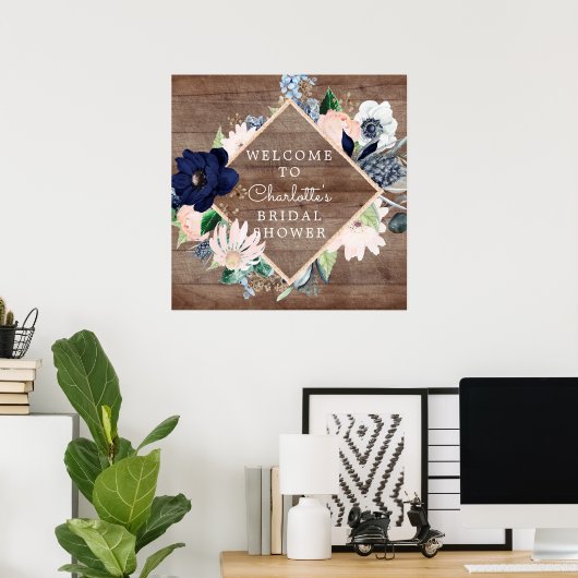 Navy Blue Blush Floral Vrijgezellenfeest Welkom Poster (Thuiskantoor)