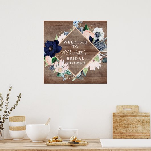 Navy Blue Blush Floral Vrijgezellenfeest Welkom Poster (Keuken)