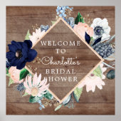 Navy Blue Blush Floral Vrijgezellenfeest Welkom Poster (Voorkant)