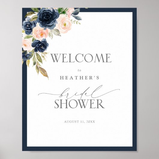 Navy Blue & Blush Floral Waterverf Shower Welkom Poster (Voorkant)