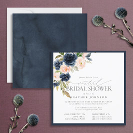 Navy Blue & Blush Floral Waterverf Virtaual Kaart
