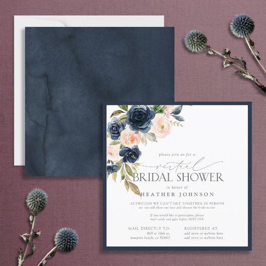 Navy Blue & Blush Floral Waterverf Virtaual Kaart