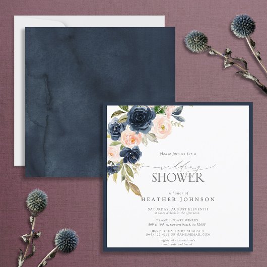 Navy Blue & Blush Floral Waterverf Wedding Shower Kaart
