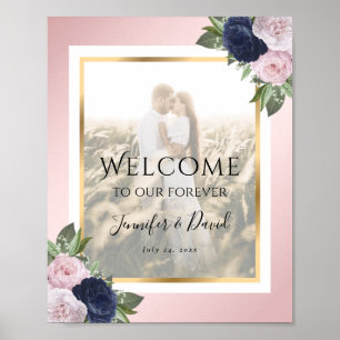 Navy Blue Blush Floral Weddenschap Foto Welkomstte Poster