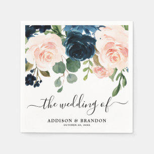 Navy Blue Blush Floral Wedding paper Napkins Servet