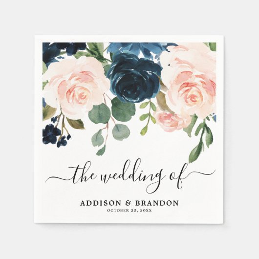 Navy Blue Blush Floral Wedding paper Napkins Servet (Voorkant)
