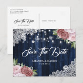 Navy Blue Blush Floral Wedding Save the Date Aankondigingskaart (Voorkant / Achterkant)