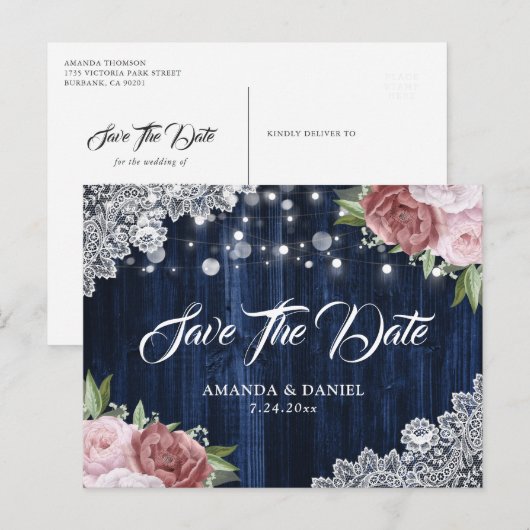 Navy Blue Blush Floral Wedding Save the Date Aankondigingskaart (Voorkant / Achterkant)