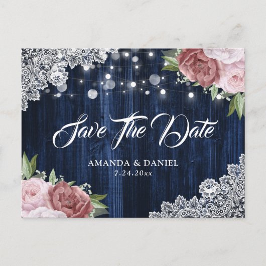 Navy Blue Blush Floral Wedding Save the Date Aankondigingskaart (Voorkant)