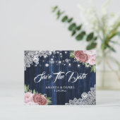 Navy Blue Blush Floral Wedding Save the Date Aankondigingskaart (Staand voorkant)