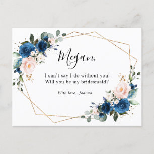 Navy Blue Blush Floral zal je mijn Bridesmaid zijn Briefkaart