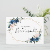 Navy Blue Blush Floral zal je mijn Bridesmaid zijn Kaart (Staand voorkant)