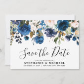 Navy Blue blush Florals Botanical Save the Date (Voorkant)