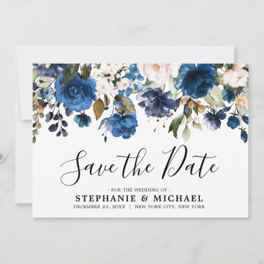 Navy Blue blush Florals Botanical Save the Date (Voorkant)