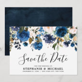 Navy Blue blush Florals Botanical Save the Date (Voorkant / Achterkant)