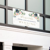 Navy Blue Blush Flowers Weddenschap Welkomstteken Spandoek (Buitenkant Gebouw)