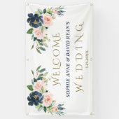 Navy Blue Blush Flowers Weddenschap Welkomstteken Spandoek (Verticaal)