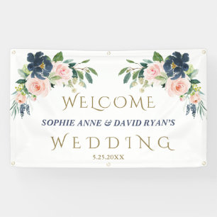Navy Blue Blush Flowers Weddenschap Welkomstteken Spandoek