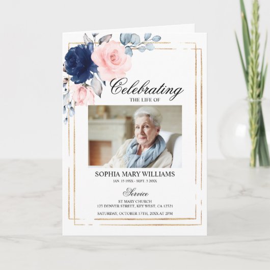 Navy Blue & Blush Foto Memorial Begrafenisprogramm Kaart (Voorkant)