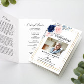Navy Blue & Blush Foto Memorial Begrafenisprogramm Kaart