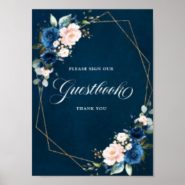 Navy Blue Blush Geometric Sign Guestbook Poster