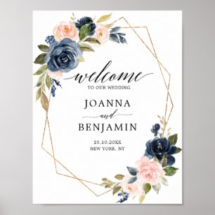 Navy Blue Blush Geometric Weddenschap Welkom Poster