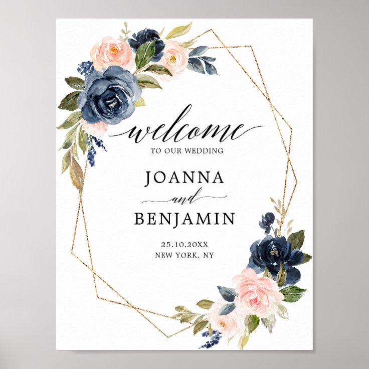 Navy Blue Blush Geometric Weddenschap Welkom Poster Zazzle.nl