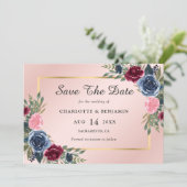 Navy Blue Blush Gold Burgundy Floral Wedding Save The Date (Staand voorkant)