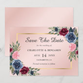 Navy Blue Blush Gold Burgundy Floral Wedding Save The Date (Voorkant / Achterkant)