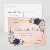 Navy Blue Blush Gold Floral Geometric Wedding Aankondigingskaart (Voorkant / Achterkant)