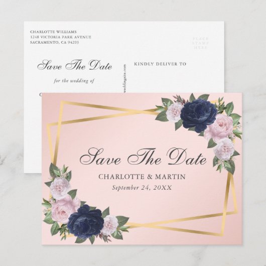 Navy Blue Blush Gold Floral Geometric Wedding Aankondigingskaart (Voorkant / Achterkant)
