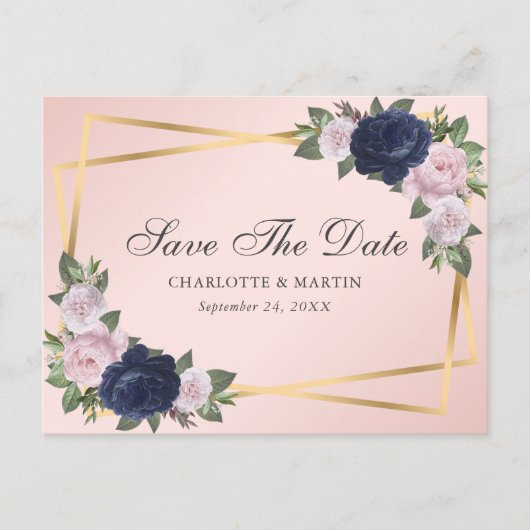 Navy Blue Blush Gold Floral Geometric Wedding Aankondigingskaart (Voorkant)