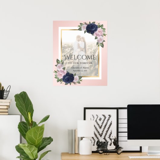 Navy Blue Blush Gold Floral Weddenschap Welkomstte Poster (Thuiskantoor)