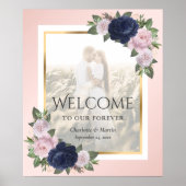 Navy Blue Blush Gold Floral Weddenschap Welkomstte Poster (Voorkant)