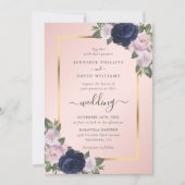 Navy Blue Blush Gold Floral Wedding Kaart (Voorkant)