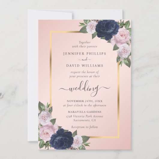 Navy Blue Blush Gold Floral Wedding Kaart (Voorkant)
