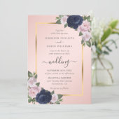 Navy Blue Blush Gold Floral Wedding Kaart (Staand voorkant)