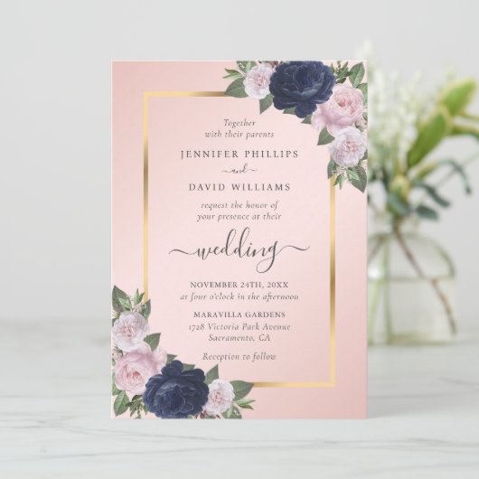 Navy Blue Blush Gold Floral Wedding Kaart (Staand voorkant)
