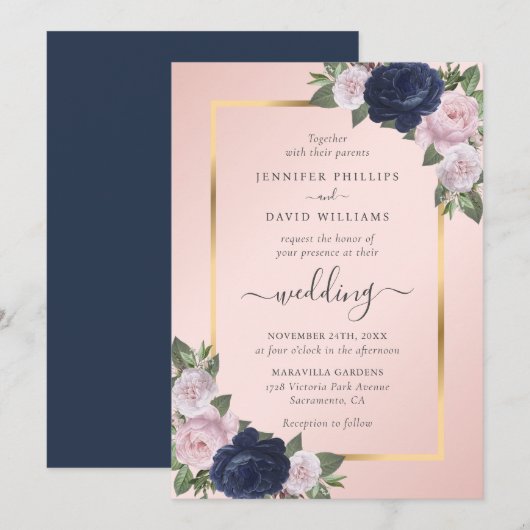 Navy Blue Blush Gold Floral Wedding Kaart (Voorkant / Achterkant)