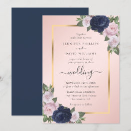 Navy Blue Blush Gold Floral Wedding Kaart