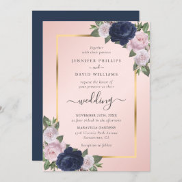 Navy Blue Blush Gold Floral Wedding Kaart