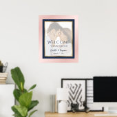 Navy Blue Blush Gold Photo Weduwen Welkomstteken Poster (Thuiskantoor)