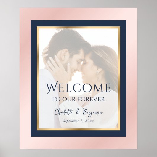 Navy Blue Blush Gold Photo Weduwen Welkomstteken Poster (Voorkant)