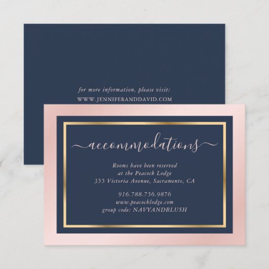 Navy Blue Blush Gold Wedding Hotel Accommodatie Informatiekaartje (Voorkant / Achterkant)