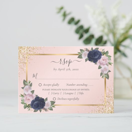 Navy Blue Blush Gold Wedding RSVP Maaltijdkeuze (Staand voorkant)