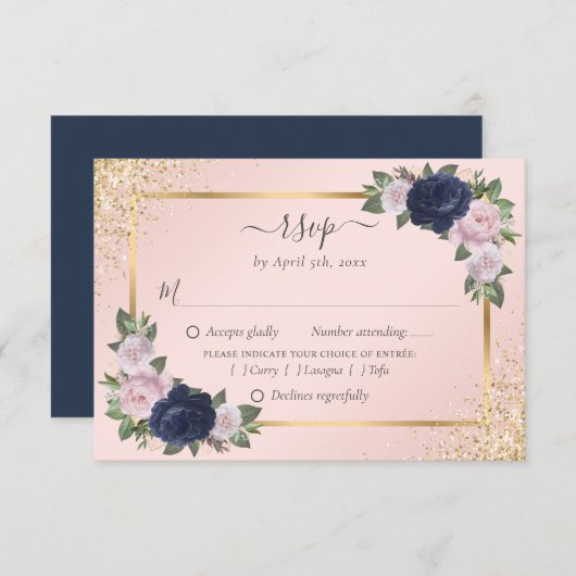 Navy Blue Blush Gold Wedding RSVP Maaltijdkeuze (Voorkant / Achterkant)
