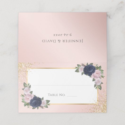 Navy Blue Blush Gold Wedding Table Number Plaatskaartje (Buitenkant ongevouwen)