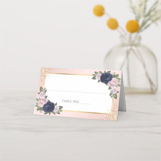 Navy Blue Blush Gold Wedding Table Number Plaatskaartje (Voorkant)