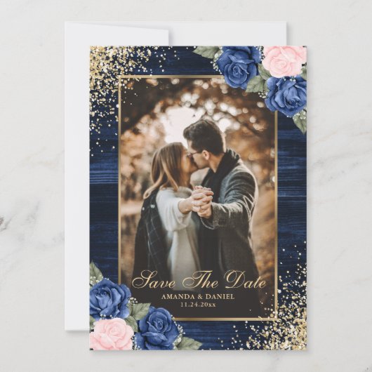 Navy Blue Blush Gold Wood Floral Weduwfoto Save The Date (Voorkant)