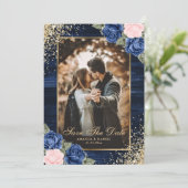 Navy Blue Blush Gold Wood Floral Weduwfoto Save The Date (Staand voorkant)